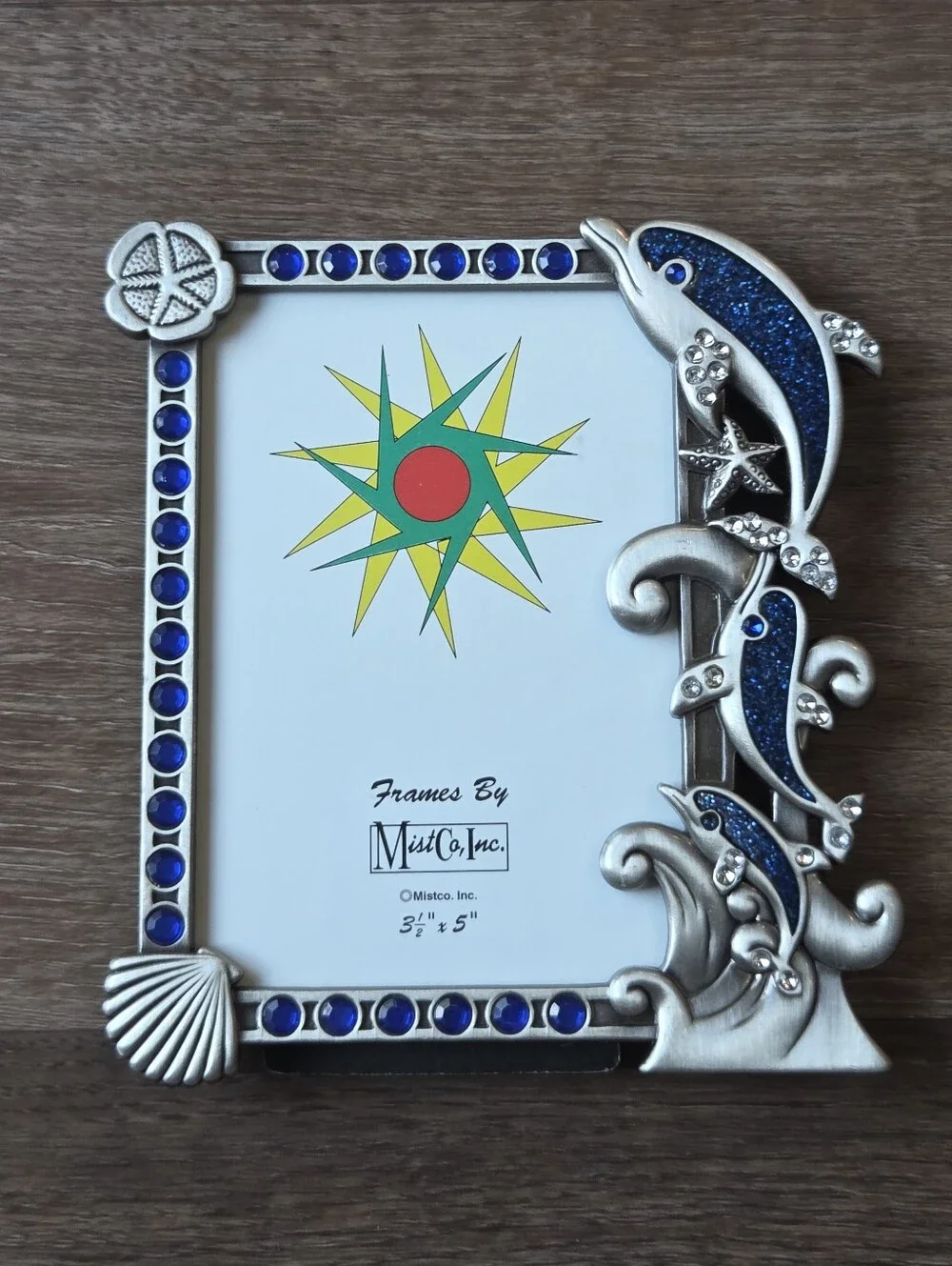 Silver Toned Dolphin Picture Frame with Crystals and Sparkly Blue Resin Mist Co
